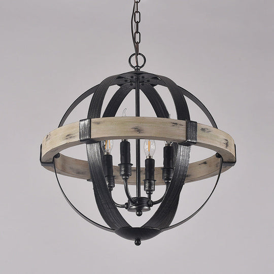 Black Wood Strap Globe Pendant Chandelier Kit - Country Living Room Hanging Lamp