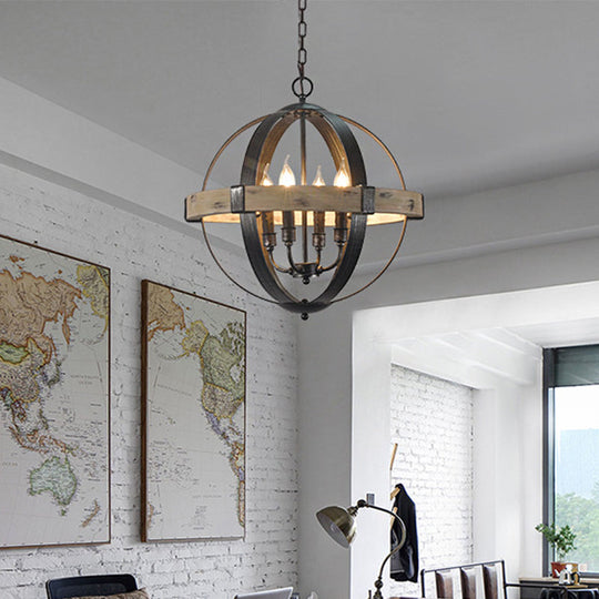 Black Wood Strap Globe Pendant Chandelier Kit - Country Living Room Hanging Lamp