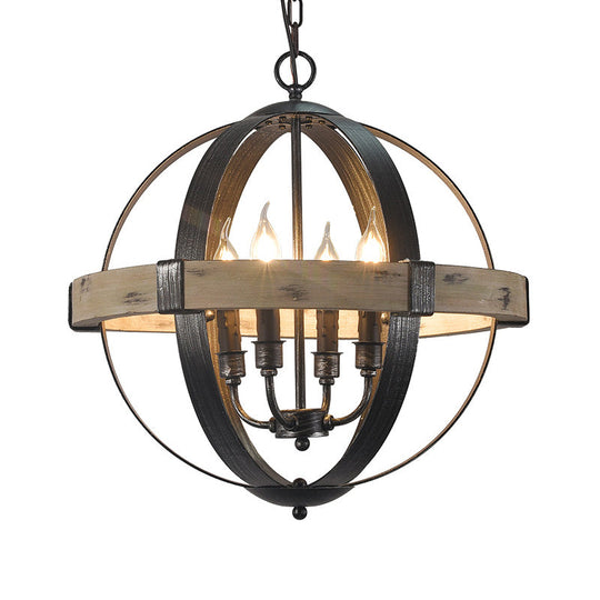 Black Wood Strap Globe Pendant Chandelier Kit - Country Living Room Hanging Lamp