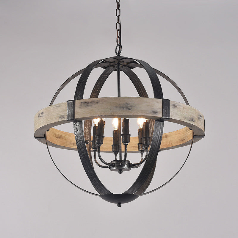 Black Wood Strap Globe Pendant Chandelier Kit - Country Living Room Hanging Lamp