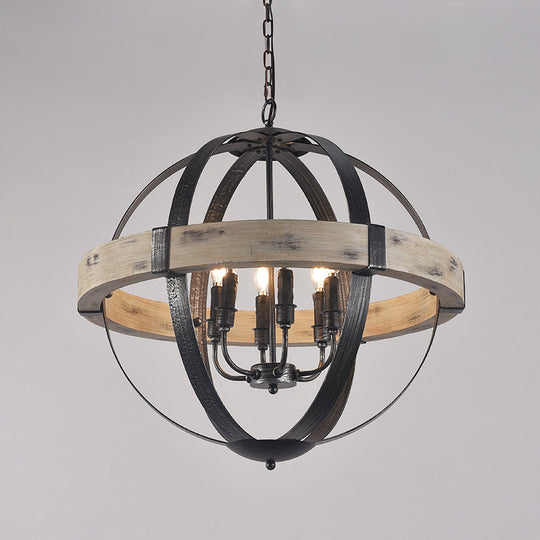 Black Wood Strap Globe Pendant Chandelier Kit - Country Living Room Hanging Lamp