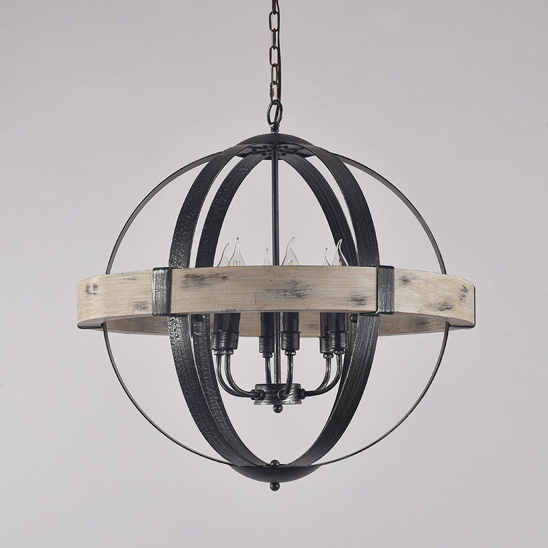 Black Wood Strap Globe Pendant Chandelier Kit - Country Living Room Hanging Lamp