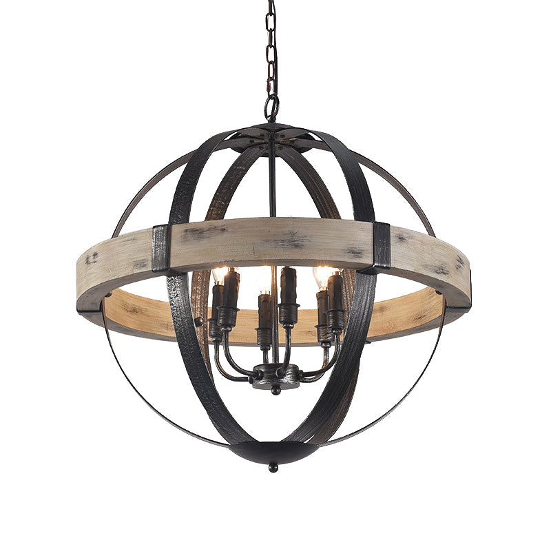 Black Wood Strap Globe Pendant Chandelier Kit - Country Living Room Hanging Lamp