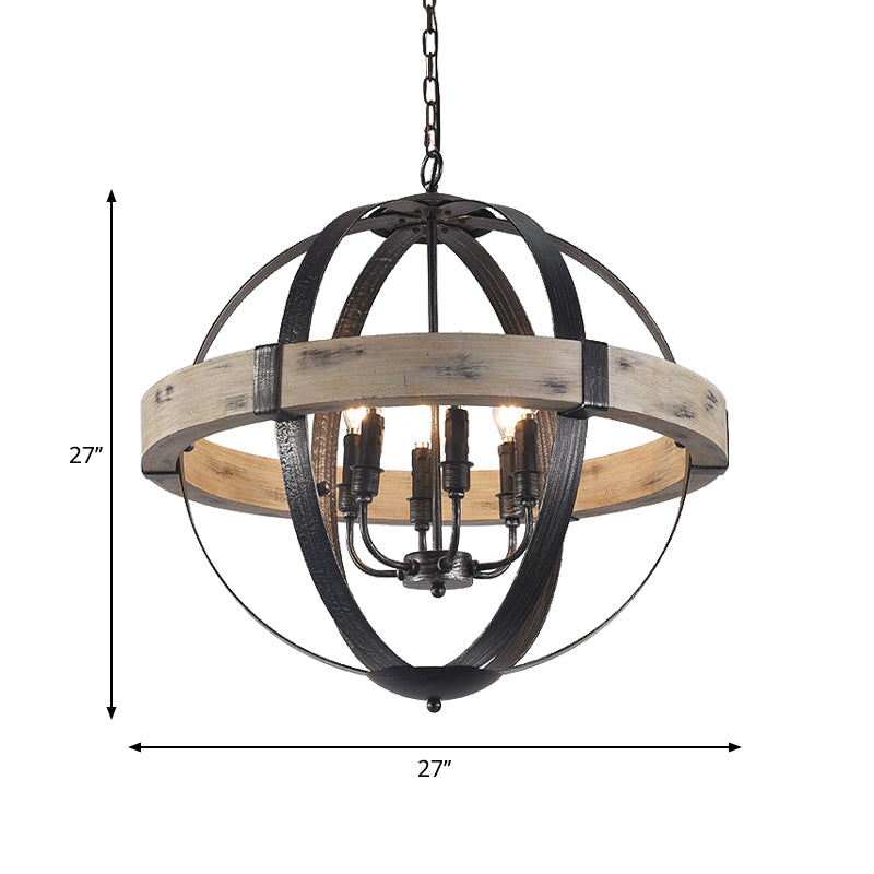 Black Wood Strap Globe Pendant Chandelier Kit - Country Living Room Hanging Lamp