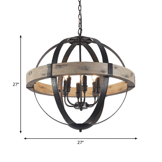 Black Wood Strap Globe Pendant Chandelier Kit - Country Living Room Hanging Lamp