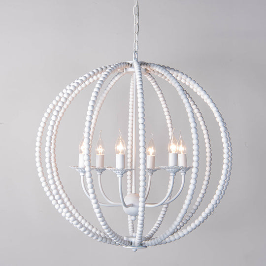 Traditional Wood Beaded Sphere Pendant Chandelier With Inner Candelabra Design