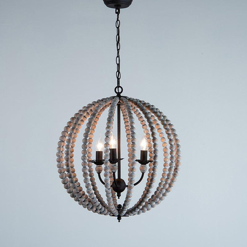 Traditional Wood Beaded Sphere Pendant Chandelier With Inner Candelabra Design