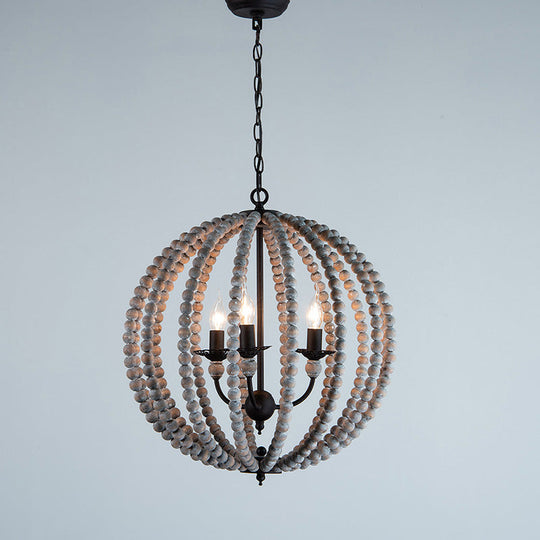 Traditional Wood Beaded Sphere Pendant Chandelier With Inner Candelabra Design