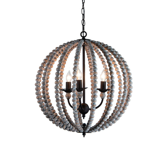 Traditional Wood Beaded Sphere Pendant Chandelier With Inner Candelabra Design