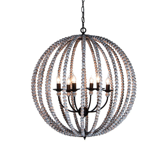 Traditional Wood Beaded Sphere Pendant Chandelier With Inner Candelabra Design