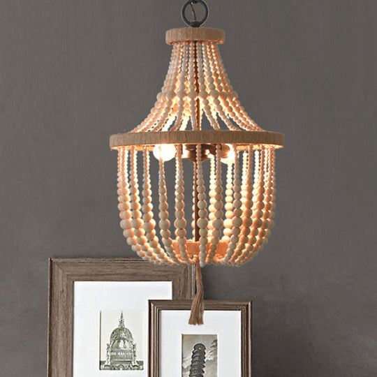 Rustic 2-Head Wood Pendant Chandelier: Handcrafted Beaded Basket Lamp For Restaurants