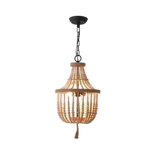 Rustic 2-Head Wood Pendant Chandelier: Handcrafted Beaded Basket Lamp For Restaurants