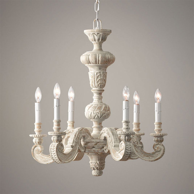 Distressed White Wood Hanging Chandelier For Classic Living Rooms - Caged Suspension Pendant Light /