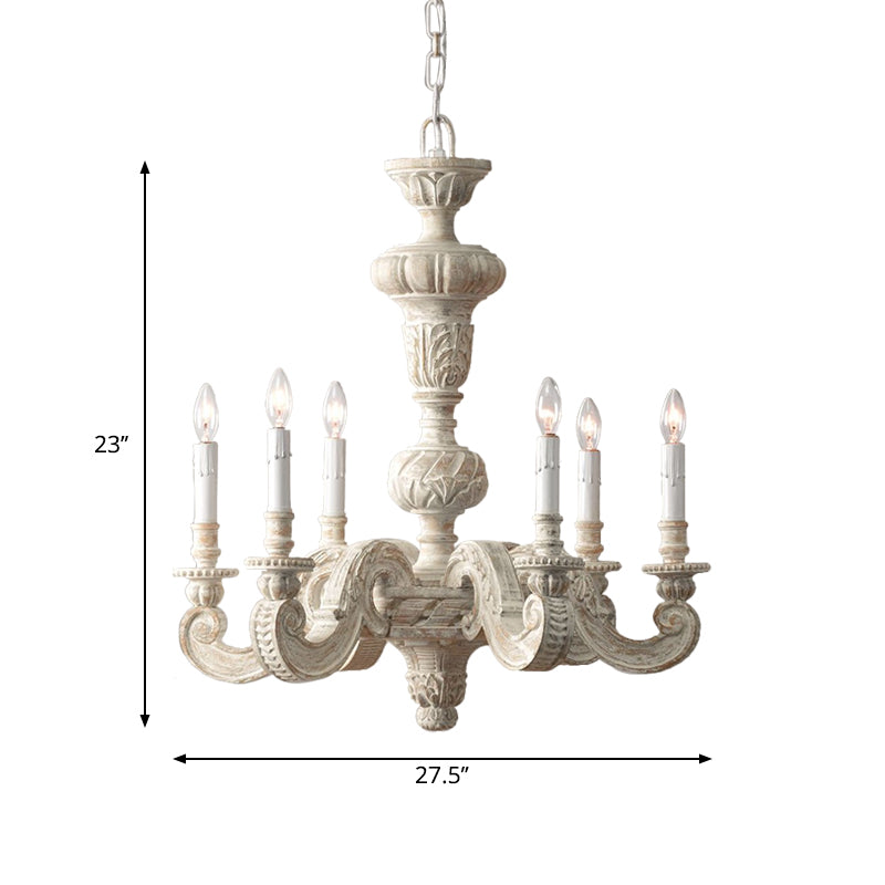 Distressed White Wood Hanging Chandelier For Classic Living Rooms - Caged Suspension Pendant Light