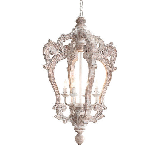 Distressed White Wood Hanging Chandelier For Classic Living Rooms - Caged Suspension Pendant Light