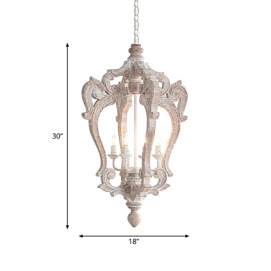 Distressed White Wood Hanging Chandelier For Classic Living Rooms - Caged Suspension Pendant Light