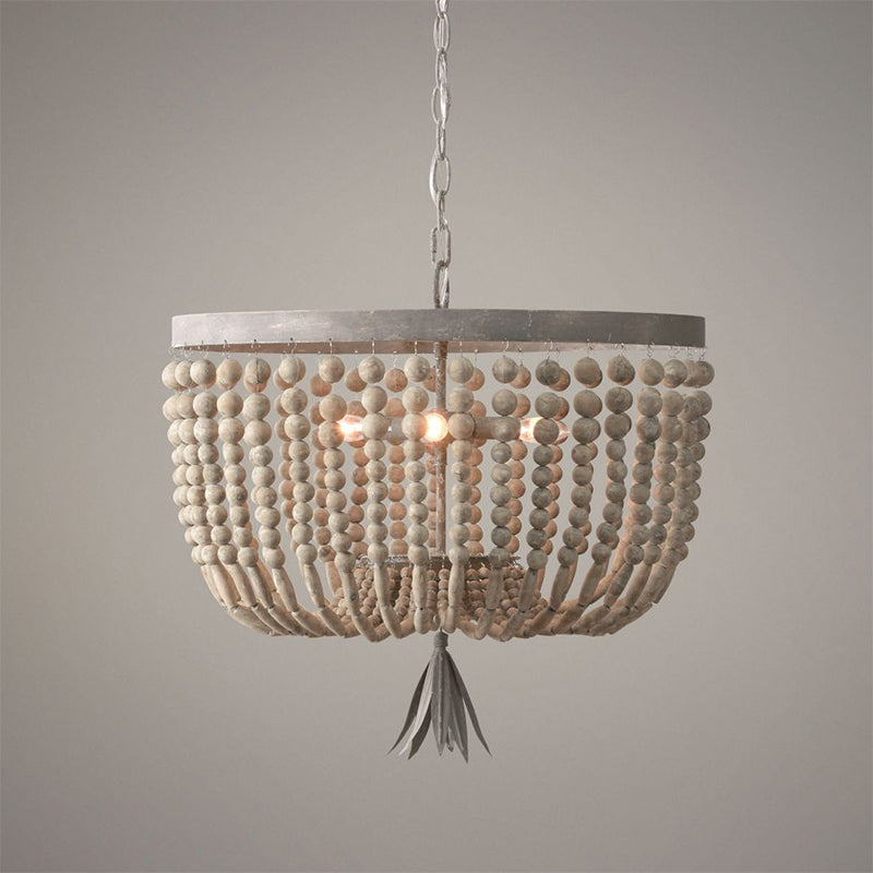 Distressed White Wood Hanging Chandelier For Classic Living Rooms - Caged Suspension Pendant Light