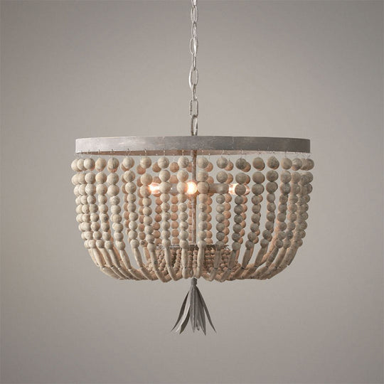 Distressed White Wood Hanging Chandelier For Classic Living Rooms - Caged Suspension Pendant Light