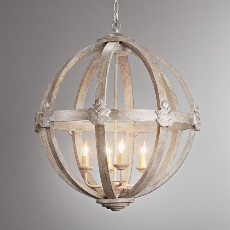 Distressed White Wood Hanging Chandelier For Classic Living Rooms - Caged Suspension Pendant Light