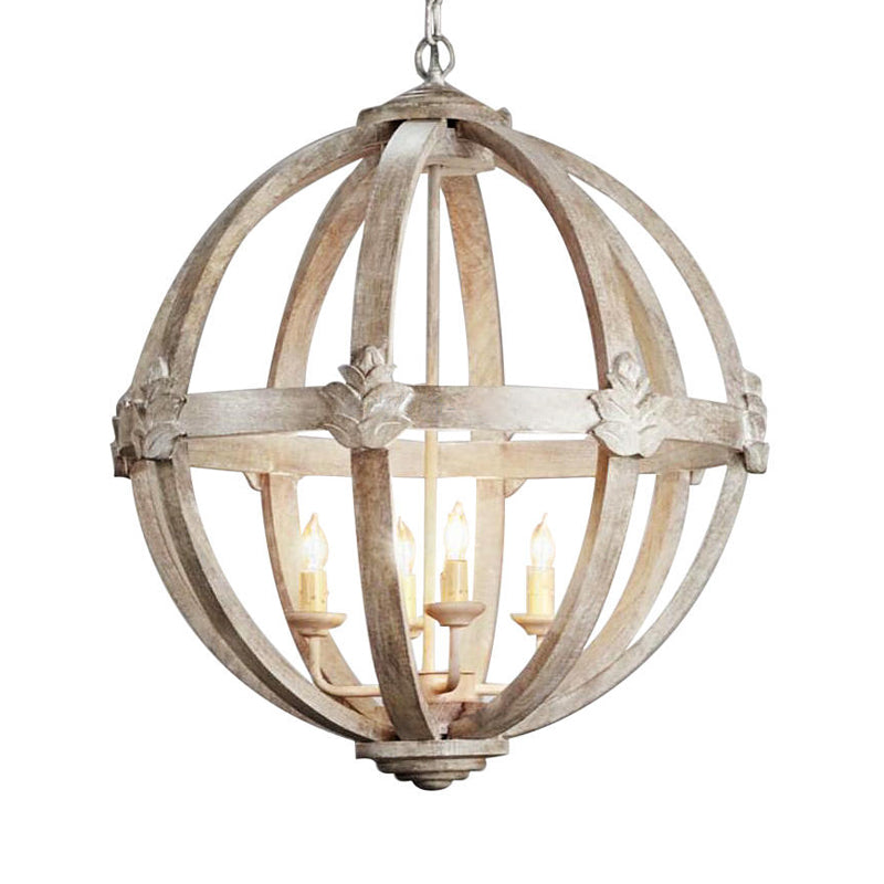 Distressed White Wood Hanging Chandelier For Classic Living Rooms - Caged Suspension Pendant Light