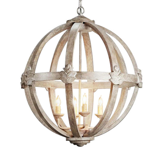 Distressed White Wood Hanging Chandelier For Classic Living Rooms - Caged Suspension Pendant Light