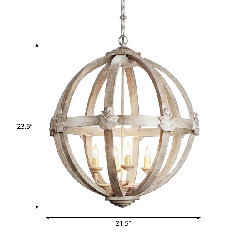 Distressed White Wood Hanging Chandelier For Classic Living Rooms - Caged Suspension Pendant Light