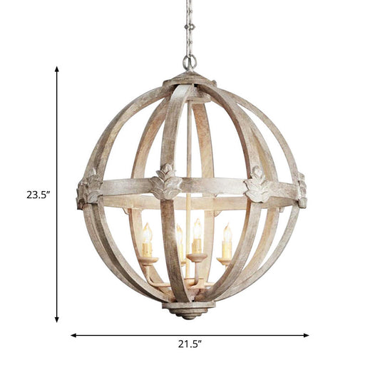 Distressed White Wood Hanging Chandelier For Classic Living Rooms - Caged Suspension Pendant Light