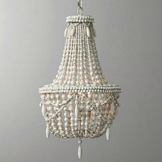 Distressed White Wood Hanging Chandelier For Classic Living Rooms - Caged Suspension Pendant Light