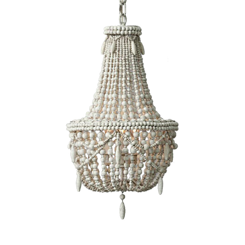 Distressed White Wood Hanging Chandelier For Classic Living Rooms - Caged Suspension Pendant Light