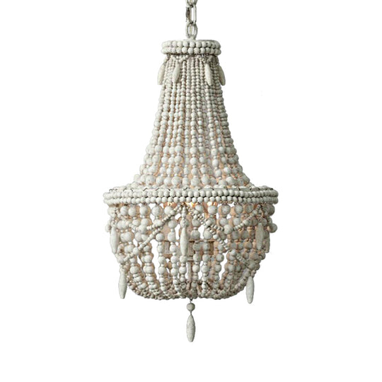 Distressed White Wood Hanging Chandelier For Classic Living Rooms - Caged Suspension Pendant Light