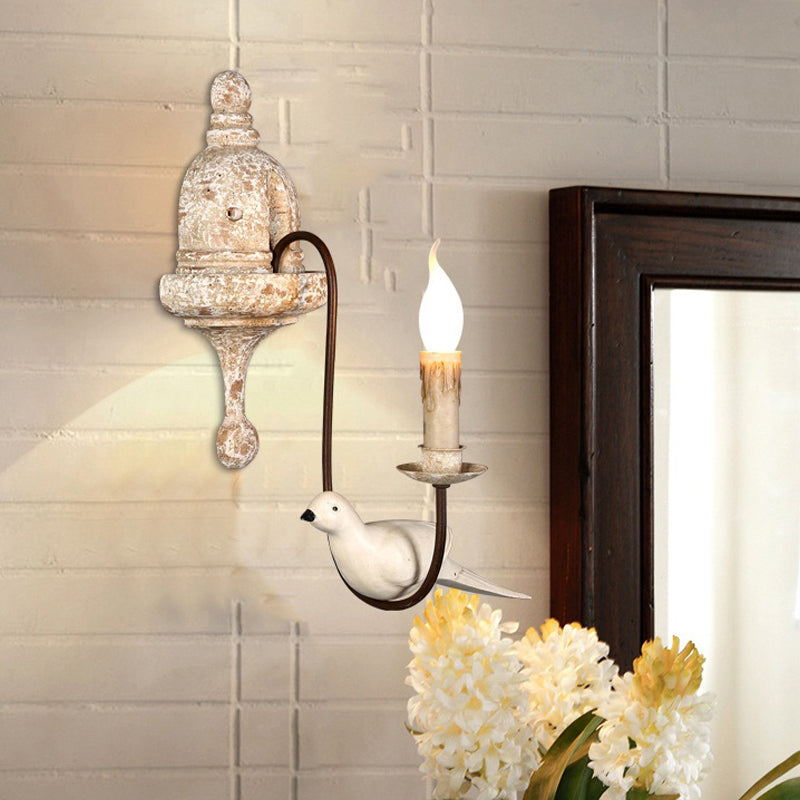 Rustic Wood Swooping Arm Wall Lamp With Distressed White Sconce - Decorative Candle And Bird Accents