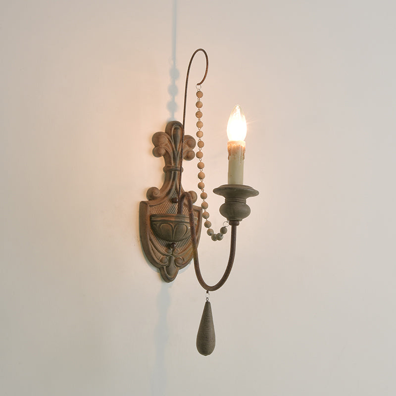 Rustic Curved Arm Wood Wall Sconce: Traditional Lighting With Carved Backplate 1 / Rust