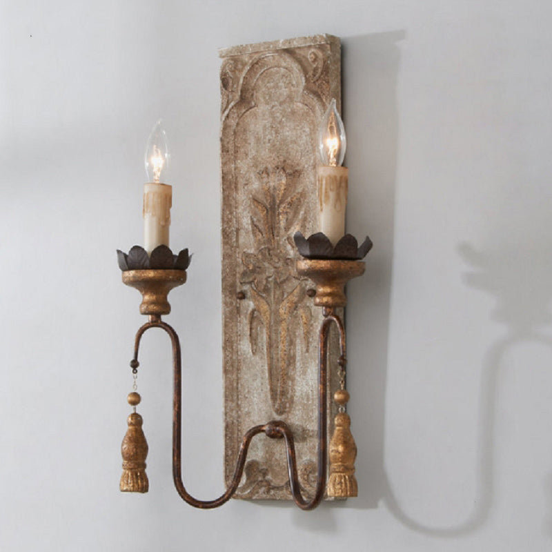 White Metal Wall Sconce With Wood Backplate And 2 Bulbs / C