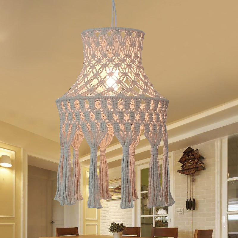 Beige Flared Suspension Light With Natural Rope Design - 1 Head Pendant For Dining Room Lighting