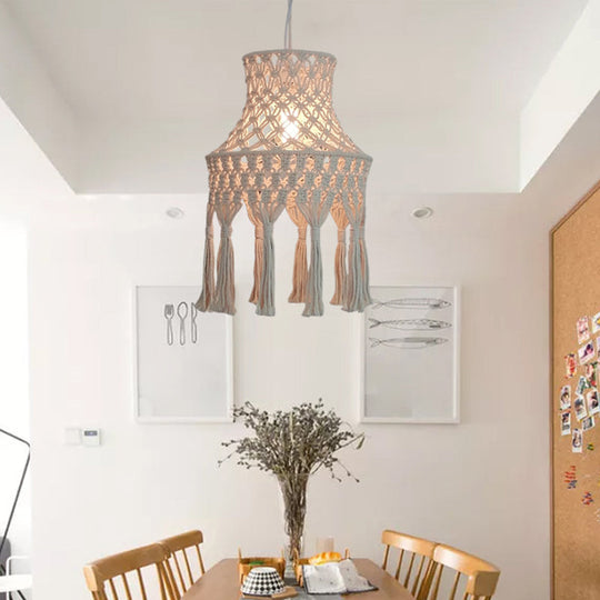 Beige Flared Suspension Light With Natural Rope Design - 1 Head Pendant For Dining Room Lighting