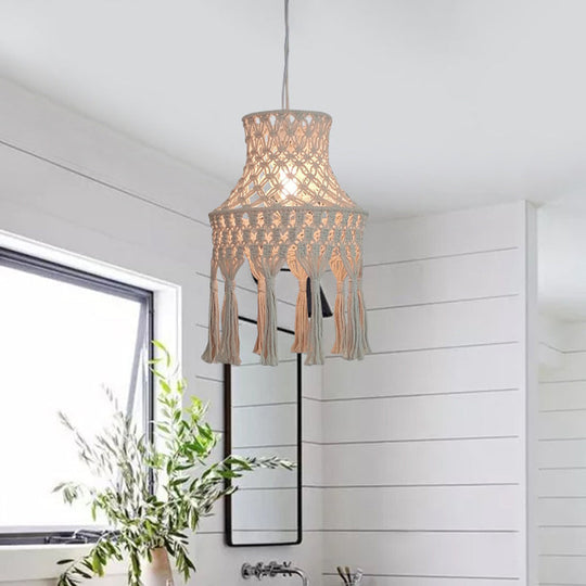 Beige Flared Suspension Light With Natural Rope Design - 1 Head Pendant For Dining Room Lighting