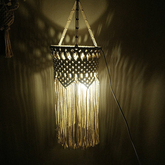 Rustic Hemp Rope Pendant Light With Criss-Cross Fringe Corridor Drop Design - 1 Head White