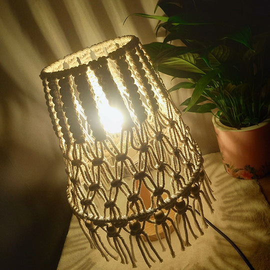 Yellow Handwoven Rope Table Lamp With Tassel Fringe - 1 Head Night Lighting