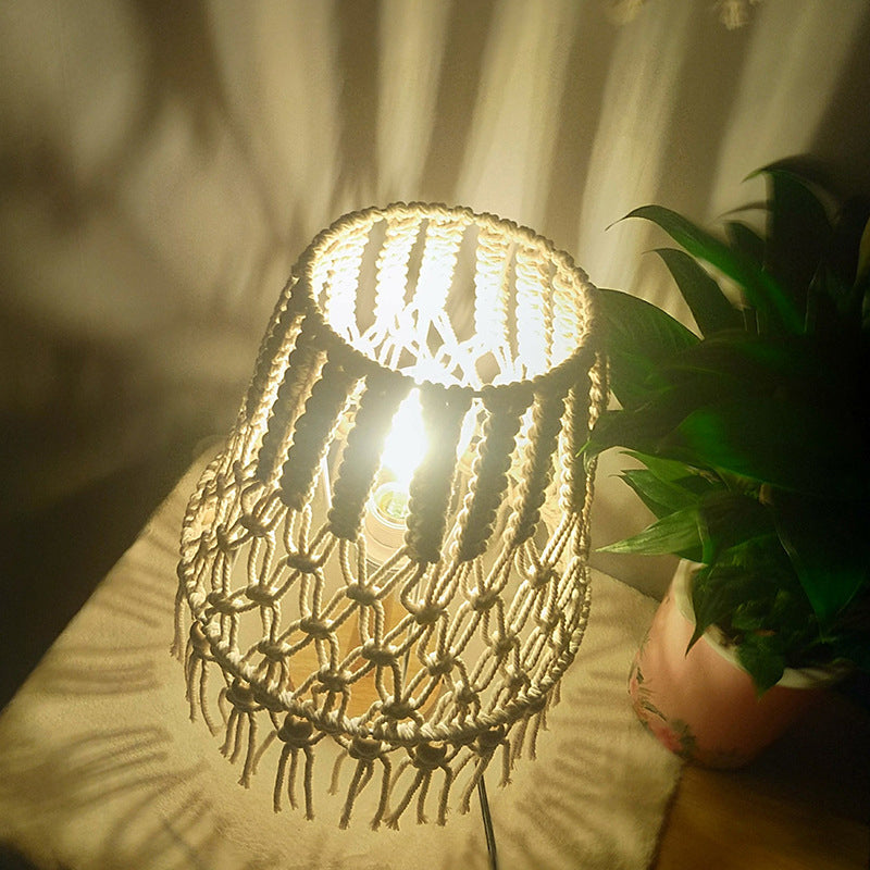 Yellow Handwoven Rope Table Lamp With Tassel Fringe - 1 Head Night Lighting