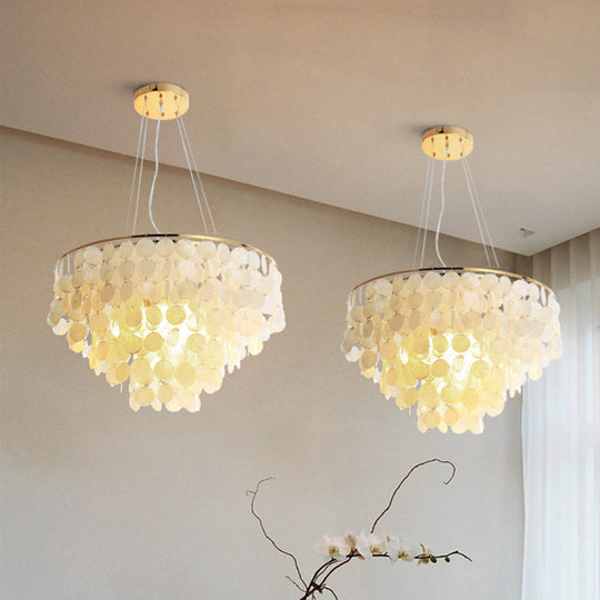 Gold Tiered Circle Chandelier - Countryside Shell Suspension Pendant For Living Room