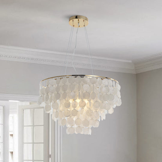 Gold Tiered Circle Chandelier - Countryside Shell Suspension Pendant For Living Room