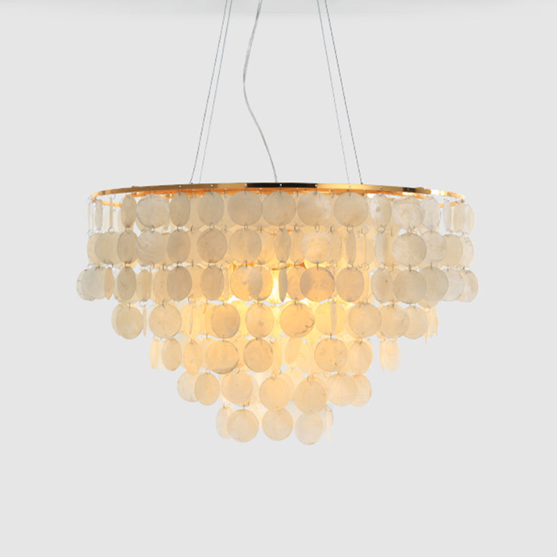 Gold Tiered Circle Chandelier - Countryside Shell Suspension Pendant For Living Room