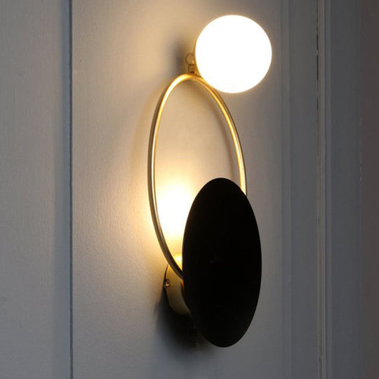 Modern Metal Planet Wall Mount Lamp - 1 Light Black Finish Opal Glass Fixture