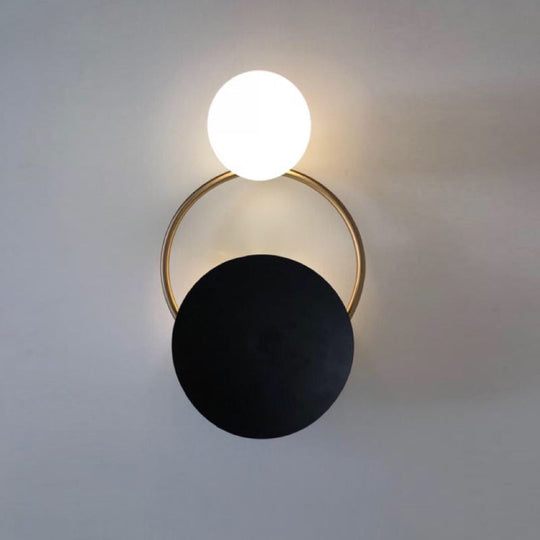 Modern Metal Planet Wall Mount Lamp - 1 Light Black Finish Opal Glass Fixture