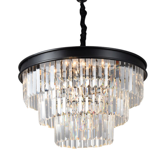 Country Black Finish Crystal Chandelier With 12 Tiered Round Pendulum Lights