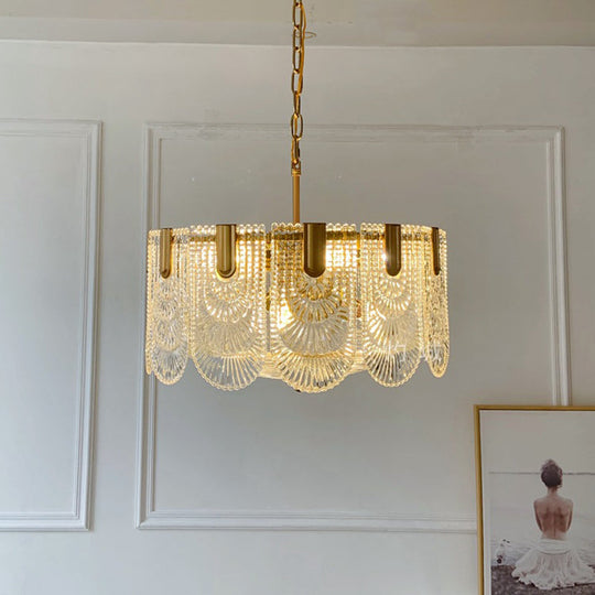 Scalloped Clear Textured Glass Drop Lamp Classic Dining Room Chandelier Light Fixture in Brass