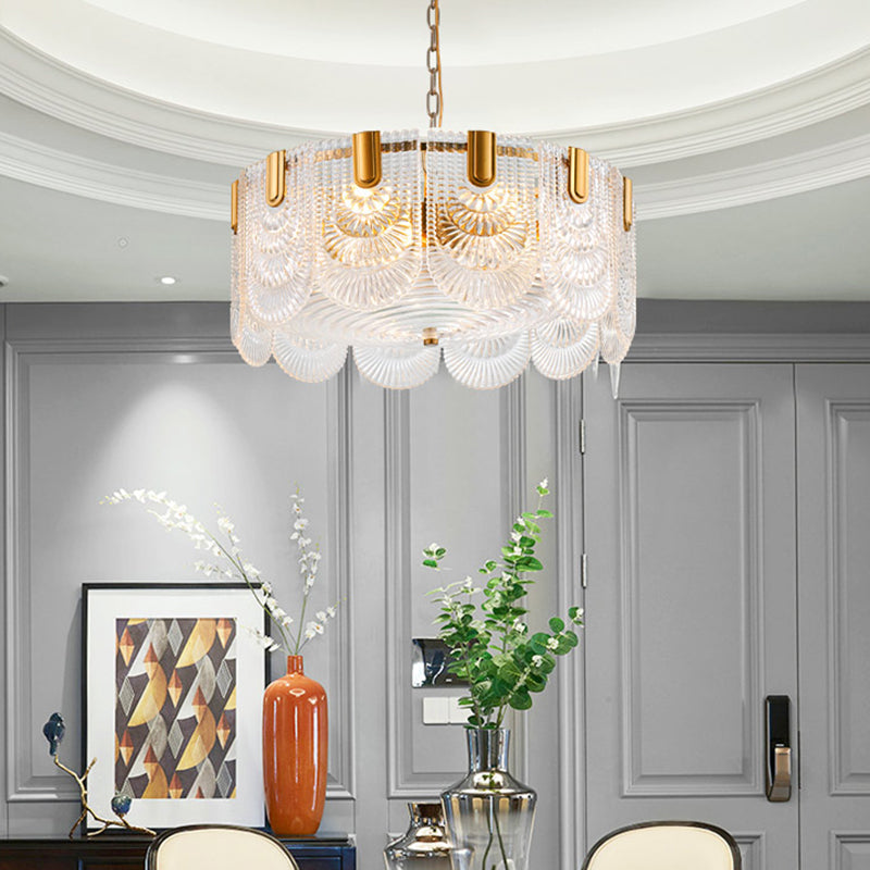 Clear Textured Glass Brass Drop Lamp - Scalloped Chandelier for Classic Dining Room