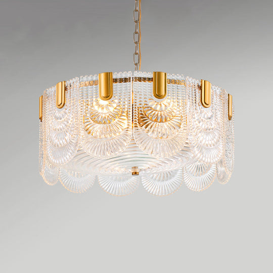 Scalloped Clear Textured Glass Drop Lamp Classic Dining Room Chandelier Light Fixture in Brass