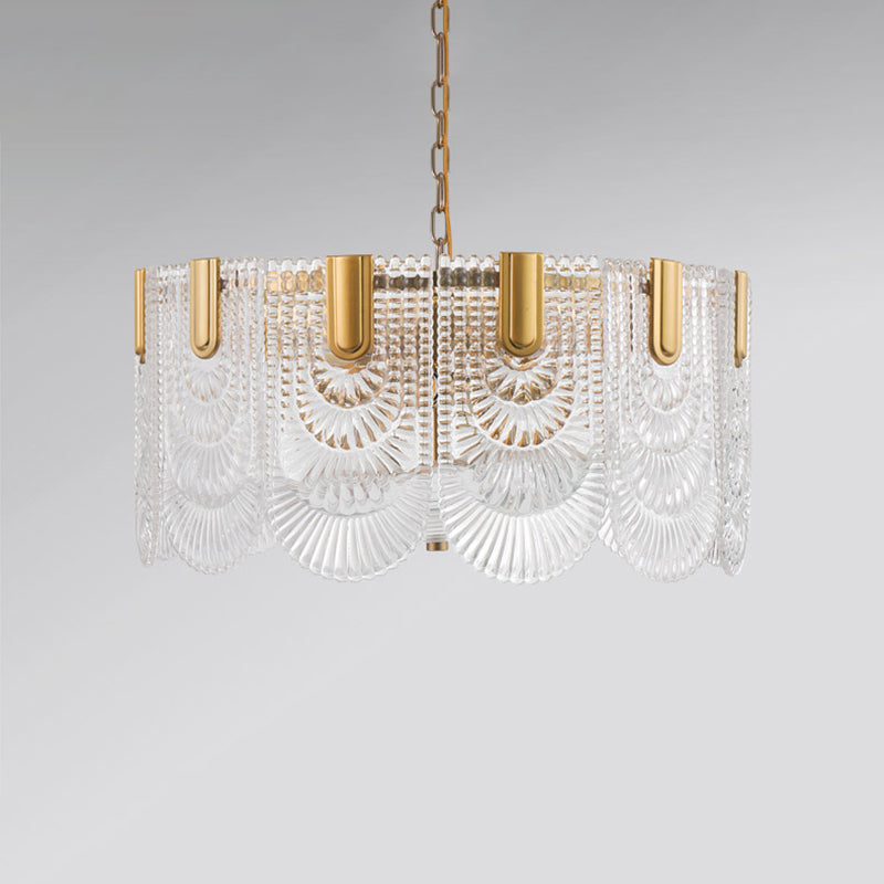 Clear Textured Glass Brass Drop Lamp - Scalloped Chandelier for Classic Dining Room