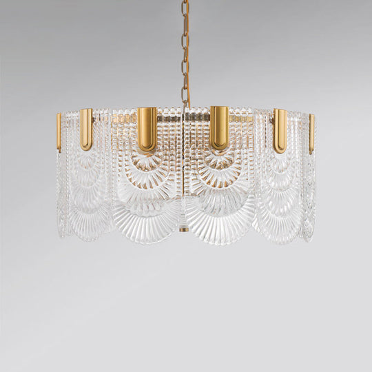 Clear Textured Glass Brass Drop Lamp - Scalloped Chandelier for Classic Dining Room